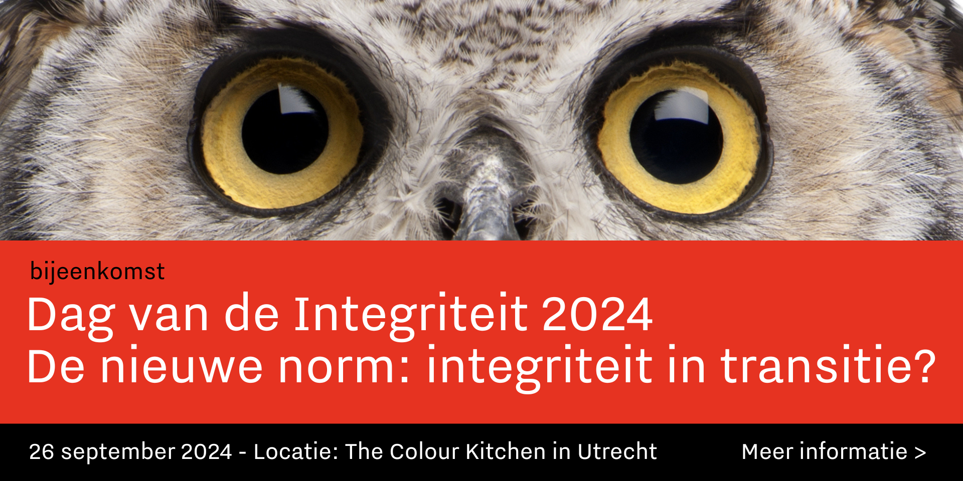 Banner voor de Dag van de Integriteit met als hoofdthema ‘De nieuwe norm: integriteit in transitie?’. Het evenement vindt plaats op 26 september 2024. Locatie: The Colour Kitchen in Utrecht.